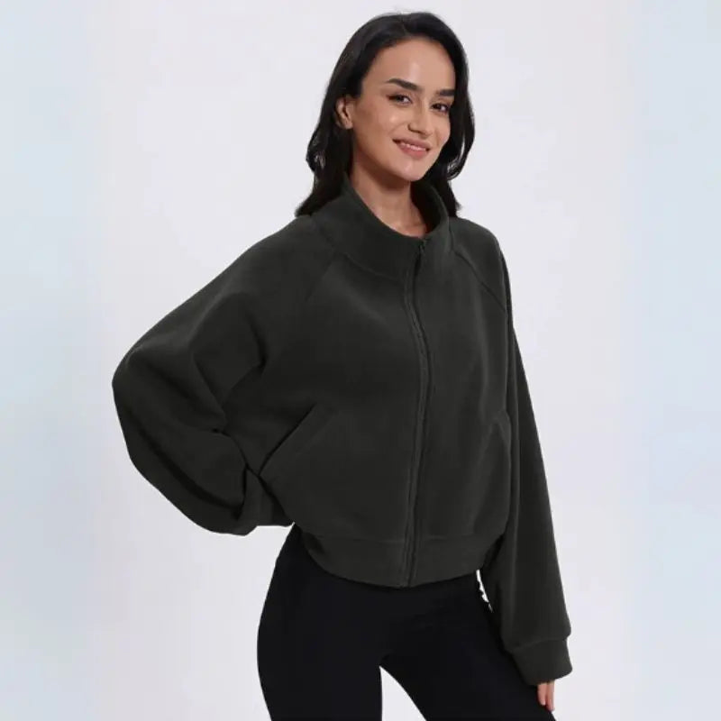 MunaWear - Hoodies & Sweatshirts - Aspen – Cropped Gilet with High Collar, Zipper Closure, and Side Pockets in Soft Polar Fleece - Gray / XL