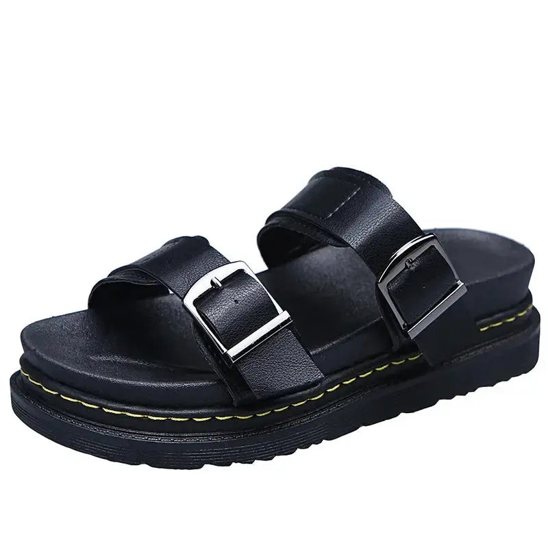 MunaWear  Sandals  Mia – Women's PU Leather Mid-Heel Sandals with Metal Buckle for Summer Beach Outings 
