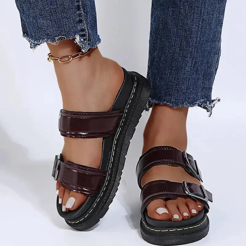 MunaWear  Sandals  Mia – Women's PU Leather Mid-Heel Sandals with Metal Buckle for Summer Beach Outings 