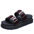 MunaWear  Sandals  Mia – Women's PU Leather Mid-Heel Sandals with Metal Buckle for Summer Beach Outings  Red-Brown-39