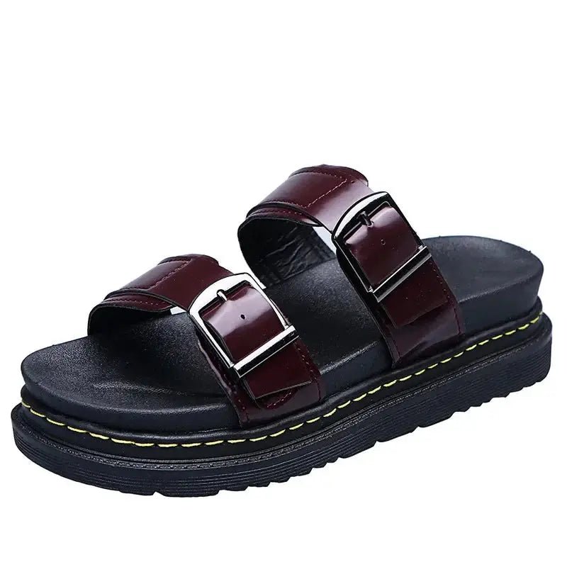 MunaWear  Sandals  Mia – Women's PU Leather Mid-Heel Sandals with Metal Buckle for Summer Beach Outings  Red-Brown-39