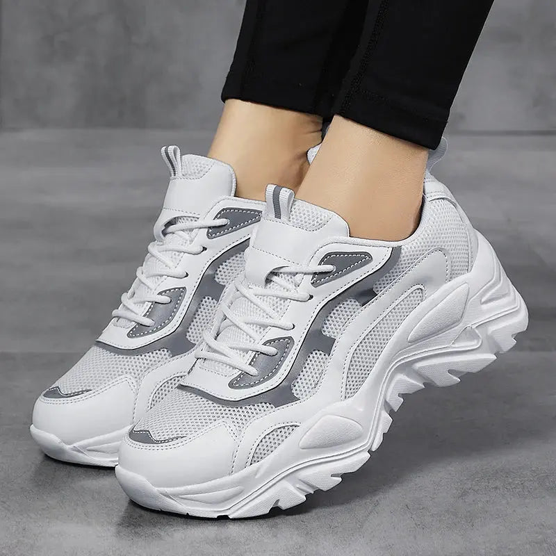 MunaWear  Sneakers  Mia – Women's White Sneakers with Thick Sole and Reflective Design for Casual Style