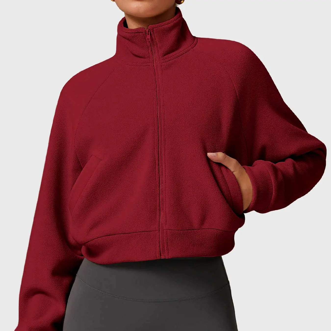 MunaWear  Vests  Mia – Cropped Gilet with High Collar, Zipper Closure, and Side Pockets in Soft Polar Fleece  Red-XL
