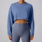 MunaWear  Women's Activewear  Mia – Oversized Long Sleeve Sport Crop Top in Breathable Fabric for Running & Active Wear  Gray-Blue-XL
