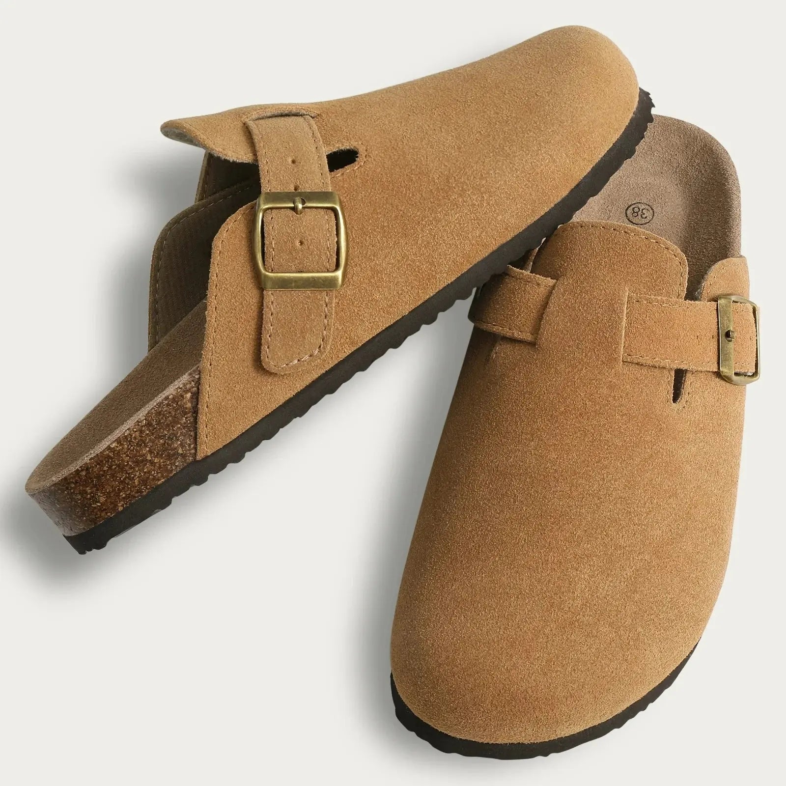 MunaWear  Women’s Slippers  Clara – Women's Classic Cork Suede Mules Slippers with Arch Support and Antislip Sole  Cow-Suede-Brown-03-45-fit-28.5cm