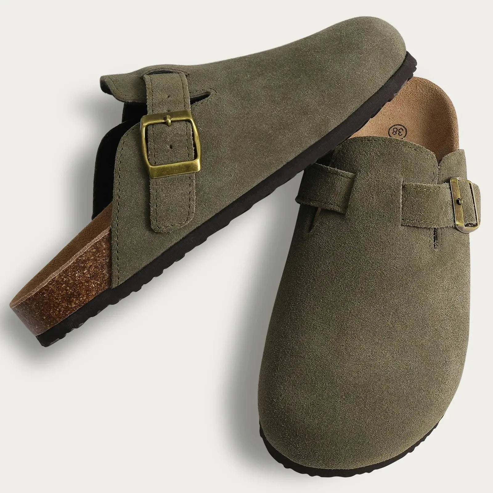 MunaWear  Women’s Slippers  Clara – Women's Classic Cork Suede Mules Slippers with Arch Support and Antislip Sole  Cow-Suede-Green-03-46-fit-29.5cm