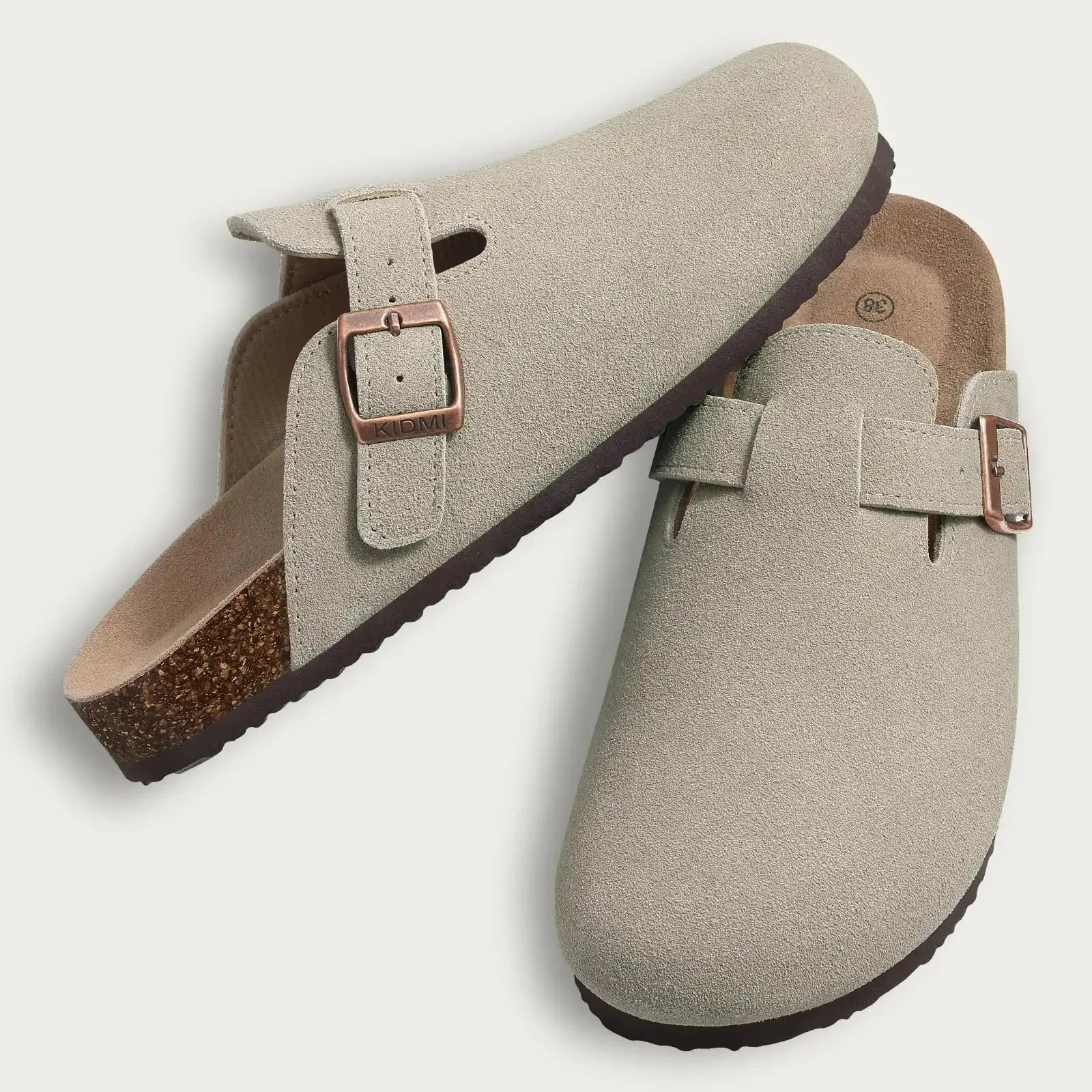 MunaWear  Women’s Slippers  Clara – Women's Classic Cork Suede Mules Slippers with Arch Support and Antislip Sole  Cow-Suede-Grey-03-39-fit-24cm